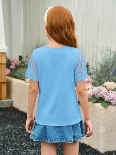Image of Haloumoning Girls Lace Short Sleeve T Shirts Kids Summer Crewneck Tunic Tops Curved Hem 5-14 Years