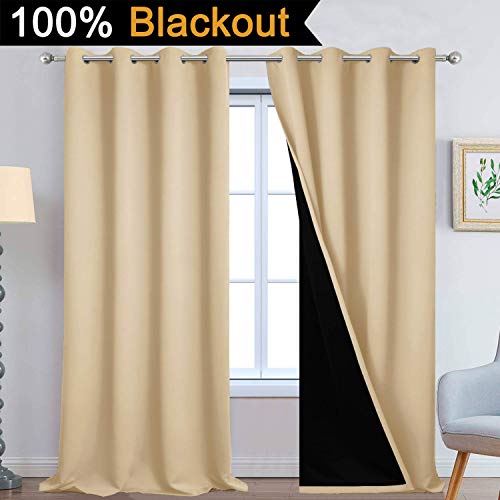 Image of Yakamok Beige 100% Blackout Curtains 108 Inches Long for Bedroom 52 inch Wide | Blackout Curtain Panels for Bedroom, 2 Thick Layers Grommet Top Thermal Insulated Drapes with Black Liner for Living Room