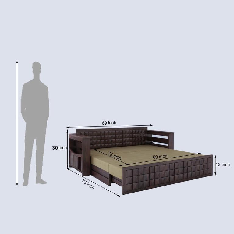Image of Solid Sheesham Wood Sofa Cum Bed 2 Seater | Wooden Foldable Double Bed for Living Room with Storage | Bed Cum Sofa with Mattress for Home | Full Diamond Design (Walnut Finish)