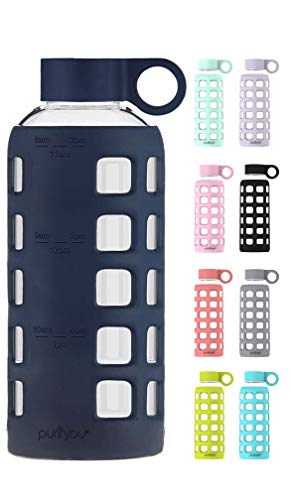 purifyou Premium Glass Water Bottle w/Time and Volume Markings Plus Ultra-Soft Silicone Sleeve & Stainless Steel Lid Insert 32/22 / 12 oz (Midnight Blue, 32 oz)