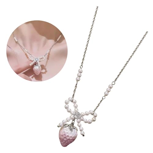 Collar de perlas con dije de lazo y colgante de fresa para mujer 2
