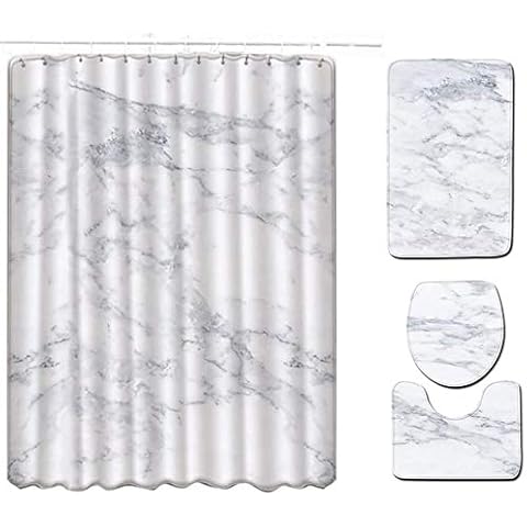 Matching Shower Curtains with Bath Mats Marble Texture Washable Anti Mould Curtain Sets with Toilet Lid Cover, Non-Slip Bathroom Mat, Pedestal Ruds and Waterproof Shower Curtain with Hooks (Silver) Cover