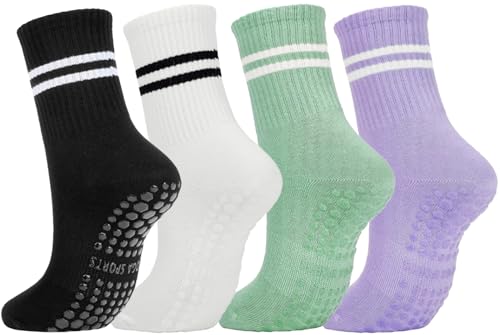 Image of Womens 4Pcs Pilates Grip Socks Non Slip Yoga Socks with Grips Barre Hospital Athletic Socks for Women