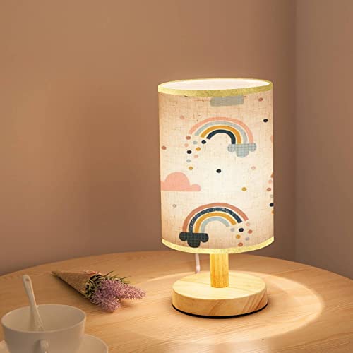 Lopyeijfg Minimalist Bedside Table Lamp Seamless Abstract Hand Drawn Rainbows Rain Drops Clouds Creative Wood Nightstand Lamp Bedside Desk Lamp Wood Base Flaxen Fabric Shade For Bedroom Living Room #TOP1