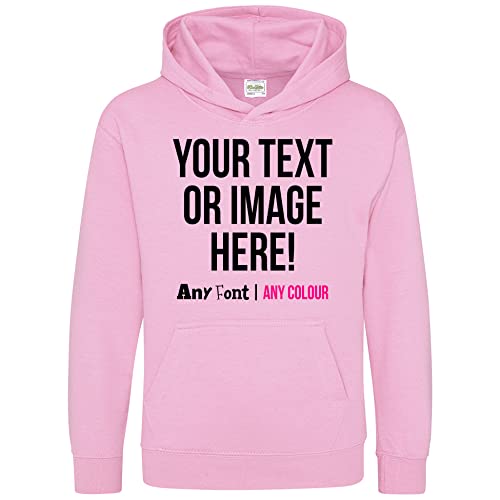 Purple Print House Personalised Kids Hoodie Any Text Image Photo Custom Boys Girls Hoody Hooded Sweatshirt, 5-6 Years, Light Pink