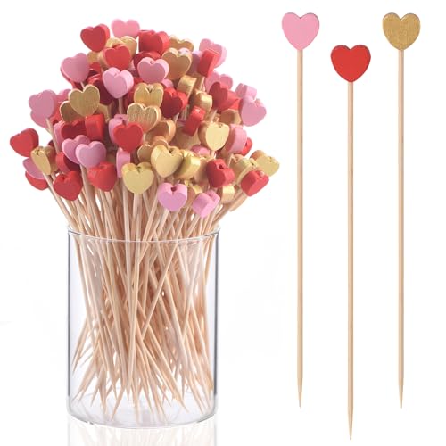 100 Pack Fruit Toothpicks Heart-Shaped Bamboo Cocktail Picks Natural Bamboo Toothpicks for Appetizers Fruit Cake Dessert Barbecue Snacks Sandwiches (Gold)