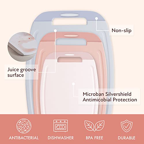 Neoflam Microban Protection Cutting Board 3 Piece Set, Stain & Odor/Bpa Free, Reversable Board, Upgraded Larger Juice Groove, Non-Slip Ez Grip Handle, Dishwasher Safe, Pastel #TOP3