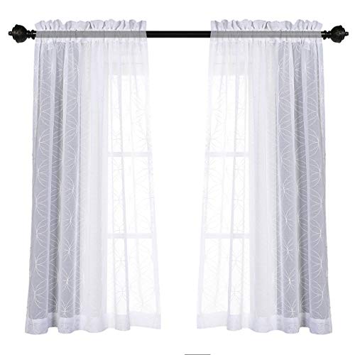 MYSKY HOME Sheer Curtains for Living Room Embroidered White Short Sheers Curtain