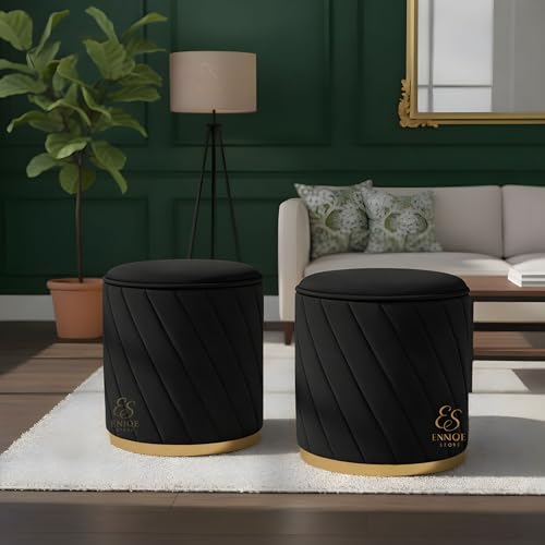 Image of Premium Velvet Ottoman Stool | Modern Round Pouffe with Gold Base | Multipurpose Seating | Living Room & Bedroom Decor (Black Set of 2)