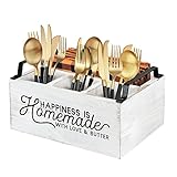Farmhouse Silverware Caddy, Kitchen Countertop Utensil Organizer, Rustic White Flatware Caddy Cutlery Organizer, Wood Silverware Holder for Kitchen Countertop Organizer
