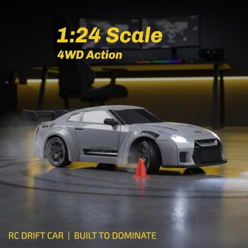 Image of Royal Cellar RC Drift Car 1:24 Scale 4WD | 20KM /H High-Speed Remote Control Car with LED Lights | 2.4GHz Rechargeable Drift Racing Car with Extra Tires & Cones | Gift Boys & Girls (NGTR)