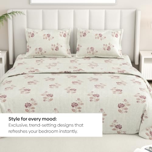 Image of Rivermoor 144 TC Cotton Bedsheet for Double Bed | Queen Size Bed Sheet with 2 Pillow Covers | Beige Floral Pattern | 90 x 100 Inches