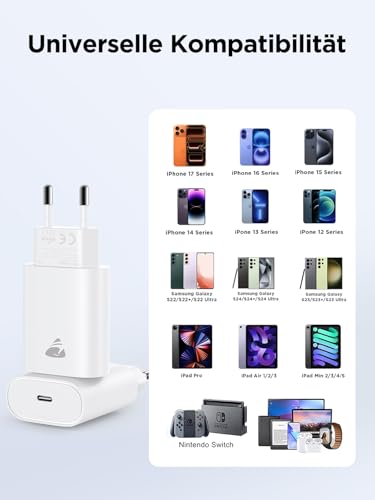 USB C Ladegerät, 2 Pack 20W USB-C Charger, iPhone Ladegerät USBC Adapter Stecker Handy ladegeräte PD 3.0, Schnellladegerät USBC Netzteil für iPhone 17/16/15/14, Netzstecker Ladestecker für Samsung