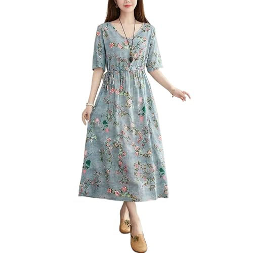 Robe d'été midi en coton et lin fleuri JYHBHMZG pour femme