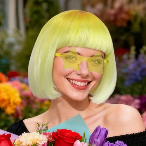 Image of ANOGOL Hair Cap + (Sunglasses) Yellow Gradient Bob Wig with Bangs Womens Party Wigs with Star-Shaped Glasses Short Neon Wig Daily Party Fun Wigs Women Halloween Costume Bachelorette Hair