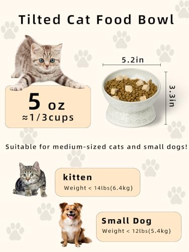 Elevated Ceramic Cat Food Bowl, 15° Tilted Raised Cat Food Bowl, Stress Free Elevated Food Bowls for Flat Faced Cats, Small Dogs, Protect Pet's Spine, 5 oz (Vintage White) - Image 3