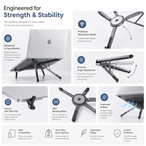 Image of Foldable 4 in 1 Laptop Stand with 7 Level Height Adjustment | Vlogging Magnetic Selfie Stick| Mobile & Tablet Stand | Aluminium Body | Supports Upto 10kg & 11 inch to 16 inch | Free Carry Bag