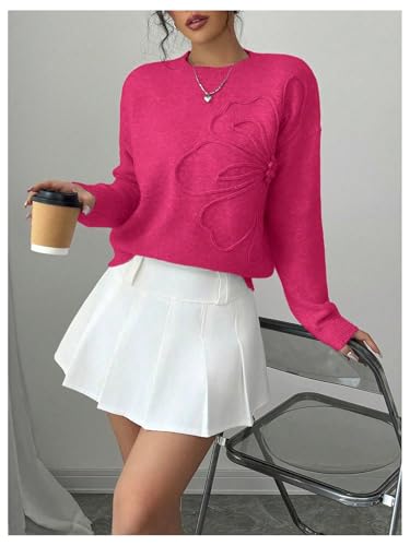Image of RoseSeek Women's 3D Floral Appliques Crewneck Sweaters Long Sleeve Drop Shoulder Pullovers Elegant Knit Tops