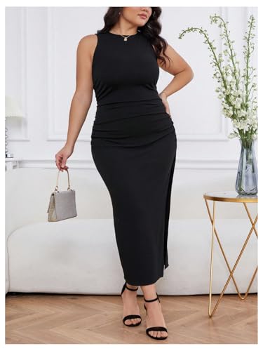 Verdusa Women's Plus Size Thigh Slit Ruched Tank Dress Sleeveless Bodycon Long Dresses3
