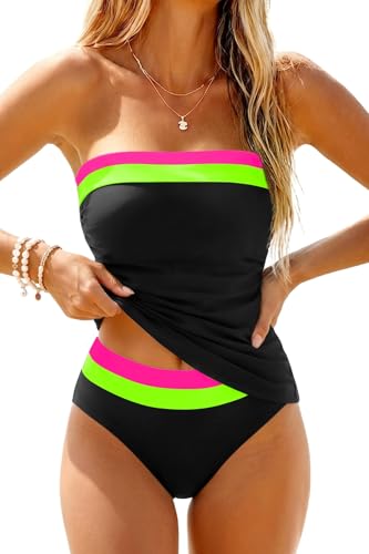 Image of Daci Womens Strapless Tankini Swimsuits- 2 Piece Tummy Control Tankini Swimsuit Bandeau Tankini Tops with Bottoms