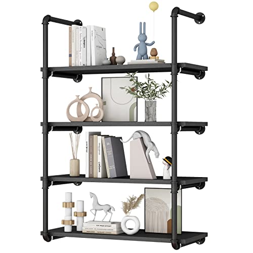 Azerpian Floating Shelves Wall Mounted Industrial Pipe Unit Metal Hung Bracket Bookshelf For Bedroom Living Room Bathroom Kitchen (Black, 4 Tier) #TOP9