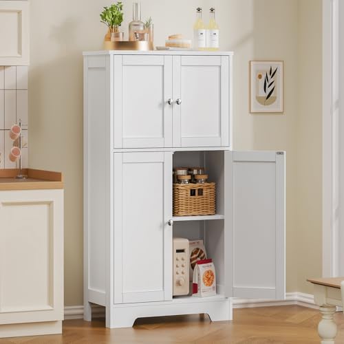 Image of TEENFON Bathroom Floor Storage Cabinet, Freestanding Bathroom Storage Unit with 2 Adjustable Shelves & 4 Doors, White