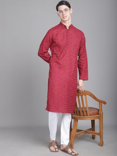 Image of Majestic Man Men's Cotton Regular Fit Casual Mandarin Collar Ethnic Motifs Printed Long Regular Kurta
