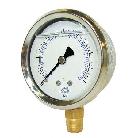 PIC Gauges 201L-208O Bottom Mount Glycerine Filled Pressure Gauge w/ SS Case, Brass Internals, SS Bezel, PC Lens, 2" Dial, 0/2000 psi Range, 1/8" Male