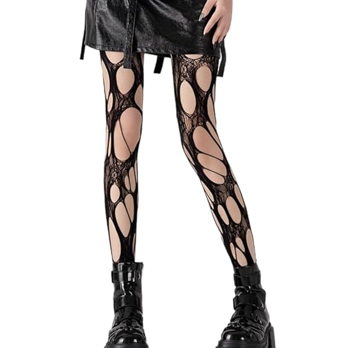 Image of Women's Ripped Fishnet Tights Stockings Irregular Hole Mesh Tights Stockings Y2k Lace Sheer Pantyhose for Daily festivals