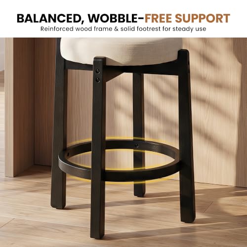 Image of LukeAlon Mid Century Linen Counter Stools Set of 4, Upholstered 26.5 inch Seat Height Low Barstools with Black Wood Legs Round Low Back Kitchen Stools with Footrest for Dining Room Restaurant, Beige