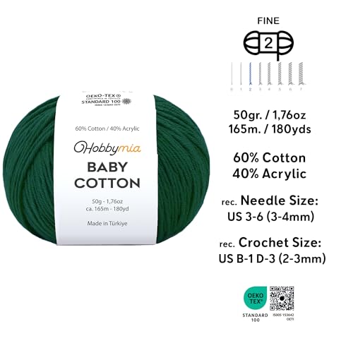 Image of Baby Cotton Blend Yarn - Soft Sport Weight Yarn for Crochet & Amigurumi - 50g /180yds - 60% Cotton 40% Acrylic - Ideal for Baby & Knitting Proj.(Evergreen, 1 Ball)