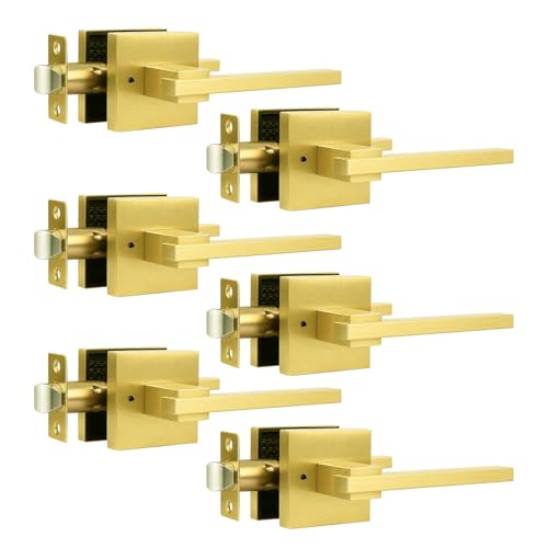 Image of Orger 6 Pack Gold Privacy Door Handles Square Keyless Door Lever, Interior Door Handle for Bathroom and Bedroom, Modern Door Handle Sets Stainless Steel