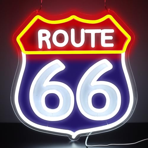 Image of Route 66 Neon Signs,LED Vintage 66 Road Lights, Room Decor for Garage,Home, Room, Man Cave, Party, Birthday Gift for Family Friends Kids-12.64x12.2 IN-USB Powered-Acrylic