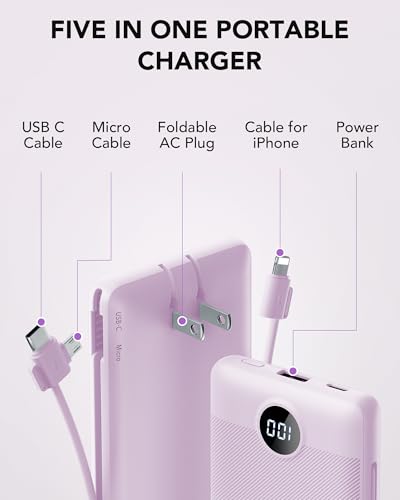 VRURC Portable Charger Built-in Cables and AC Wall Plug, USB C Power Bank 10000mAh, Travel Essentials Phone Charger Compact Lightweight External Battery Pack for Smart Phones, Tablets etc-Purple3