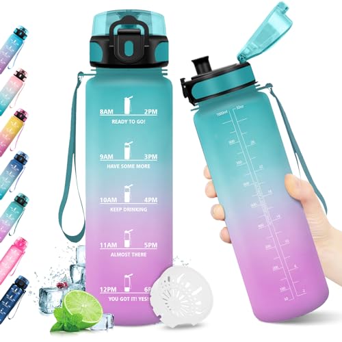 KollyKolla Botella Agua 1L, Cantimplora, Botella Agua Motivadora, Prueba de Fugas, sin BPA, Reutilizable Cantimplora para Adulto, Colegio, Gimnasio, Oficina, Bicicleta, Gym, Fitness
