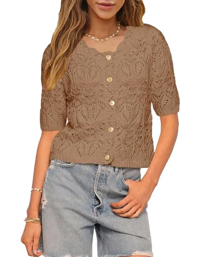 Womens Fall Crochet Cardigan Tops Short Sleeve Casual Knit Blouses Hollow Out Crew Neck Button Down Sweater Shirts