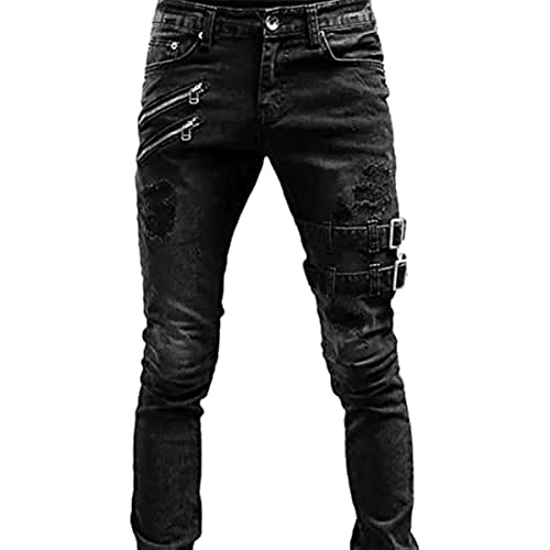 JEKE-DG Men's Ripped Biker Zipper Skinny Jeans Stretchy Slim Fit Fashion Holes Denim Pants Hip Hop Tapered Leg Trouse