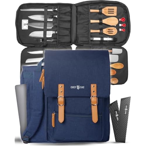 Chef Knife Bag Vintage Backpack VINTAGE, Professional Knife Carrying Case for Chefs & Culinary Students, 30+ Pockets, Holds 10" Knives, Water-Resistant 600D Material (Heather Blue)