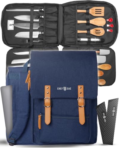 Chef Knife Bag Vintage Backpack VINTAGE, Professional Knife Carrying Case for Chefs & Culinary Students, 30+ Pockets, Holds 10" Knives, Water-Resistant 600D Material (Heather Blue)