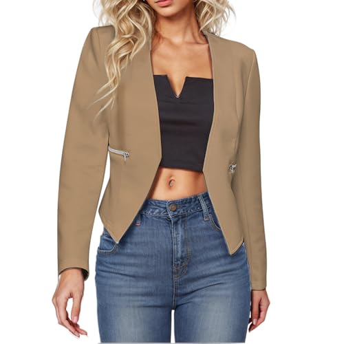 Womens Blazer Cardigan Work Office Suit Jacket Casual Collarless Cropped Long Sleeve Business Blazers Coat