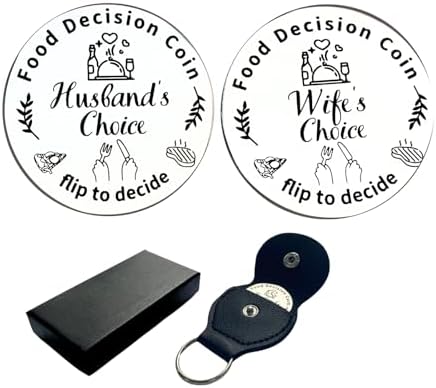 Couple Funny Food Decision Coin, Valentines Day Gifts for Him Her Husband Wife, Wedding Anniversary Birthday Gifts for Newlyweds Friends, Destiny Flip Coin with Leather Keychain Cover and Gift Box