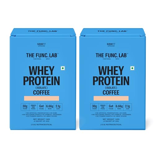 Image of The Func. Lab Whey Protein Isolate - Coffee Travel Packs | (4 * 35g Sachets) Pack of 2 | Grass‑Fed, 30g Protein per Scoop | High Protein Supplement with Digestive Enzymes for better Absorption
