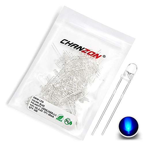 CHANZON 100 pcs 3mm Blue LED Diode Lights (Clear Round Transparent DC 3V 20mA) Bright Lighting Bulb Lamps Electronics Components Indicator Light Emitting Diodes