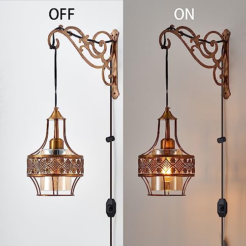 Image of Boho Plug in Wall Sconces Set of Two,Dimmable Vintage Wall Hanging Lights with Plug in Cord with Gold Metal Arm,Wall Mount Hanging Lamp for Bedroom Living Room