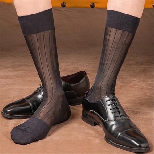 Socks,Mens Transparent Sheer Dress Socks Business Formal Suit Casual Thin Ribs Striped Middle Calf Socks3