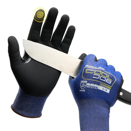 COOLJOB A5 Fiberglass Free Cut Resistant Gloves for Men, Touchscreen Safety Work Gloves with Grip Nitrile Coated, No PFAS, Non Slip, Soft & Durable, for Carving, Glass Handling, Blue Xlarge 1 Pair