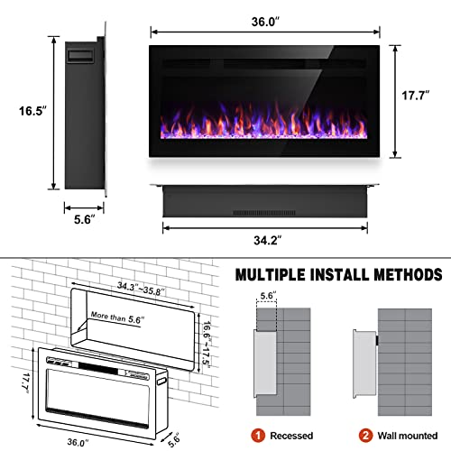 Litsdfm 36 Inch Electric Fireplace, Recessed And Wall Mounted Fireplace, Fireplace Heater And Linear Fireplace, With Timer, Remote Control, Adjustable Flame Color, 750/1500W, Black #TOP5