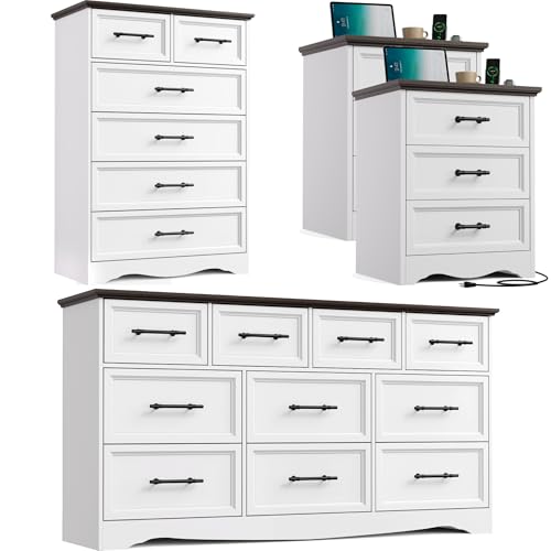 Image of Bedroom Set, 4 Pieces Bedroom Furniture Set, 59 inchW 10 Drawer Dresser, 44 inchH 6 Drawer Dresser and 3 Drawers Nightstands with Charging Station, Farmhouse Storage Organizer Cabinet for Bedroom, White