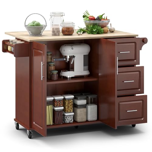 Rovibek 53" Kitchen Island on Wheels with Drawers - Large Rolling Island Cart with Storage, Cabinet, Spice Rack, and Towel Holder