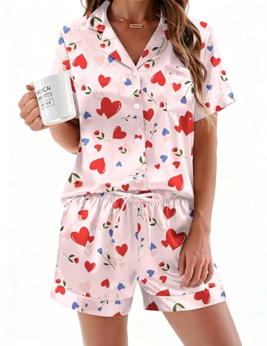 Image of Ekouaer Silk Pajamas for Women Button Down Sleepwear 2 Piece Pjs Shorts Set | Classic Short Sleeve Notch Neck Lounge Set with Pockets,Soft Cute Pj Set,Bridal Gifts,Pajama Party,Maternity Outfits